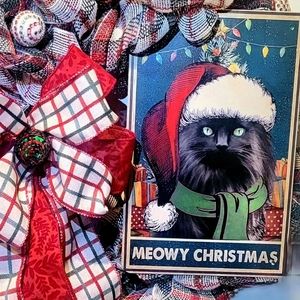 Christmas Persian Cat Wreath Deco Mesh Bow